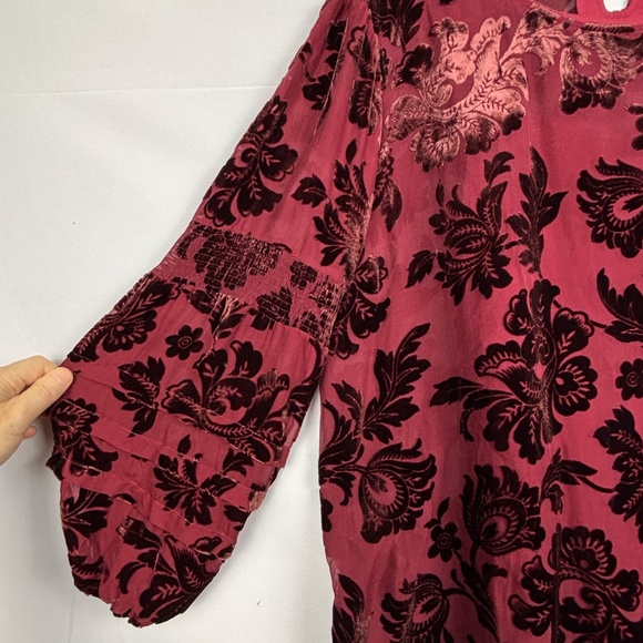 Sundance Women Burnout Velvet Peasant Blouse Top Sz L Burgundy Whimsigoth Fairy - Picture 3 of 12
